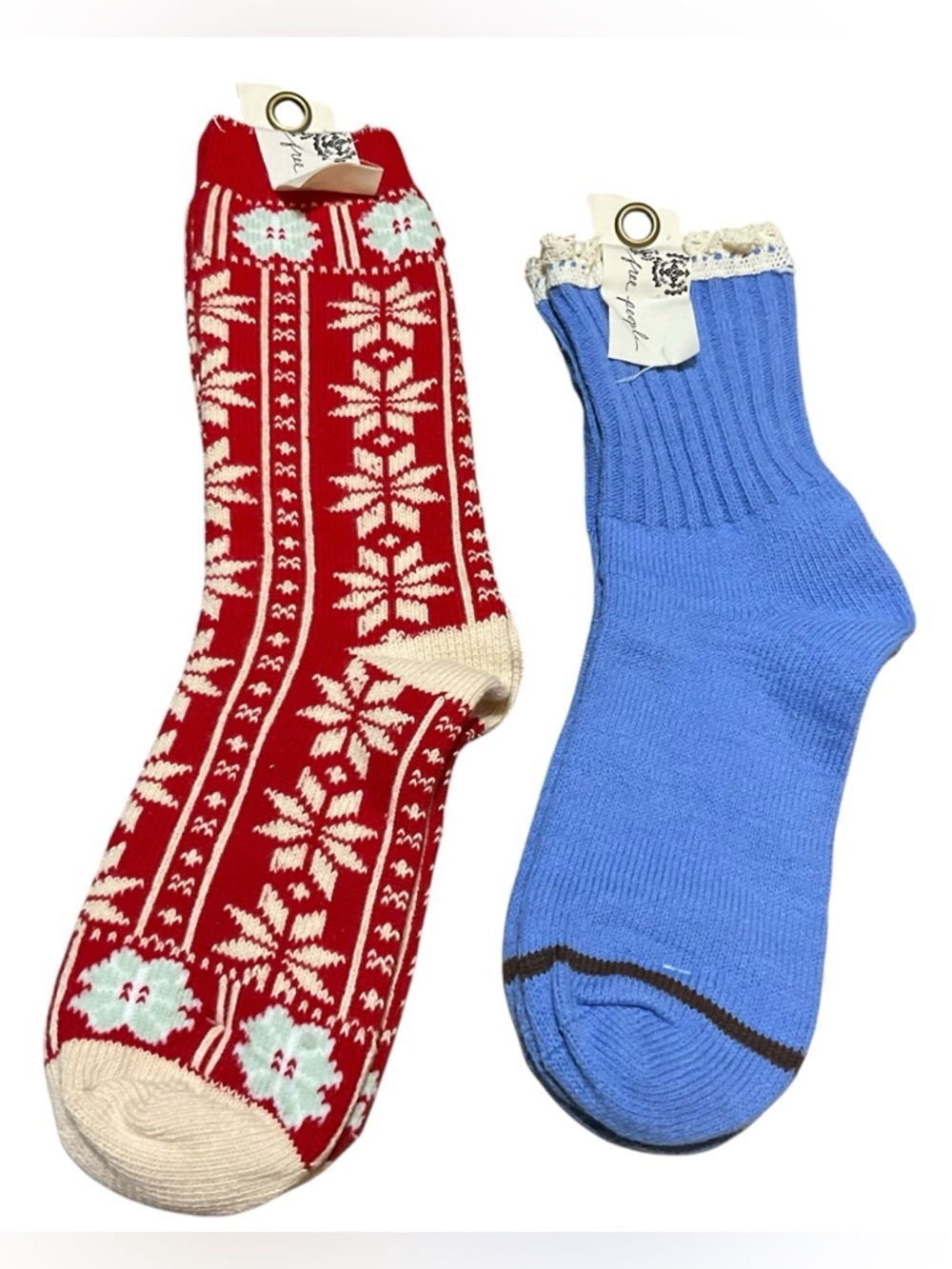 Free People Sock Bundle – Cozy Knit Blue Crew & Red Fair Isle Holiday Socks NWT